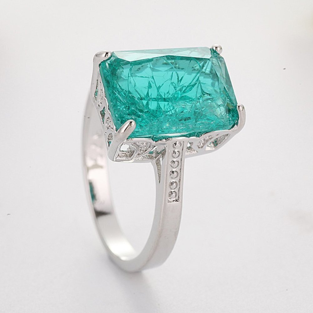 Aqua Zirconia Green Cushion Rectangle Crystal Stone Charm Ring
